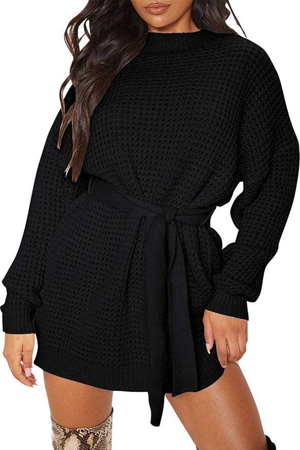 ZESICA Waffle Knitted Tie Wasit Sweater Dress