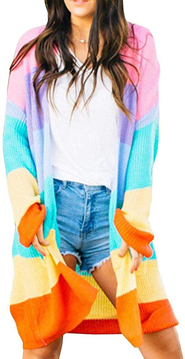 ZESICA Rainbow Drape Oversized Knitted Cardigan
