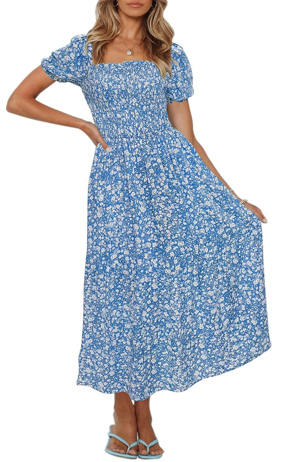 ZE ZESICA Boho Floral Print Ruffle Swing Maxi Dress