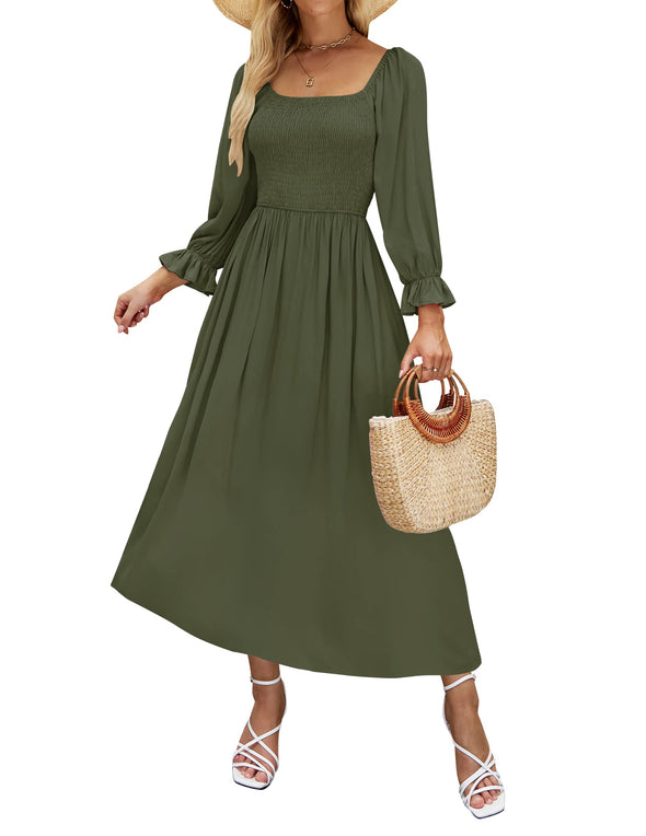 zesica midi dress Zesica Square Neck Smocked High Waist Flowy Midi Dress zesica