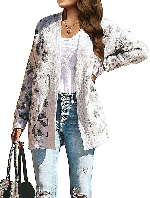 ZESICA Leopard Print Knitted Cardigan
