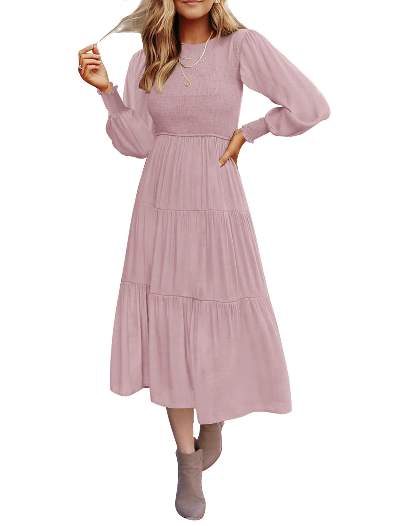 ZESICA High Waist Smocked Flowy Tiered Midi Dress – zesica ZESICA High Waist Smocked Flowy Tiered Midi Dress – zesica