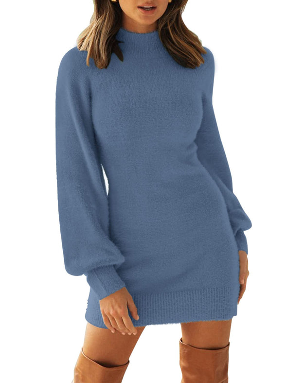 ZESICA Turtleneck Puff Sleeve Bodycon Mini Sweater Dress