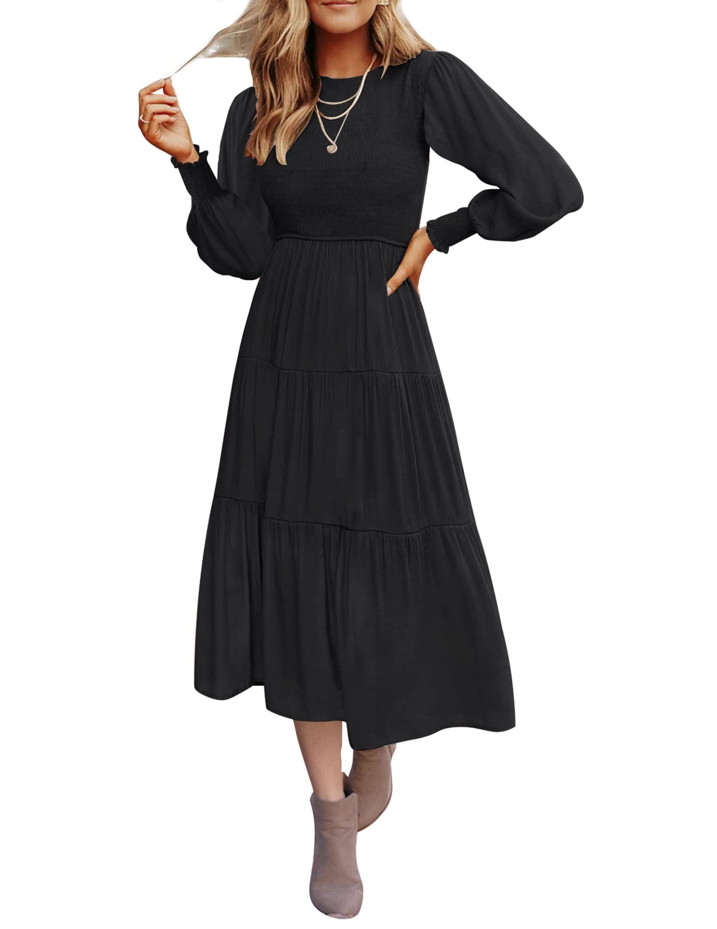 ZESICA High Waist Smocked Flowy Tiered Midi Dress zesica ZESICA High Waist Smocked Flowy Tiered Midi Dress zesica