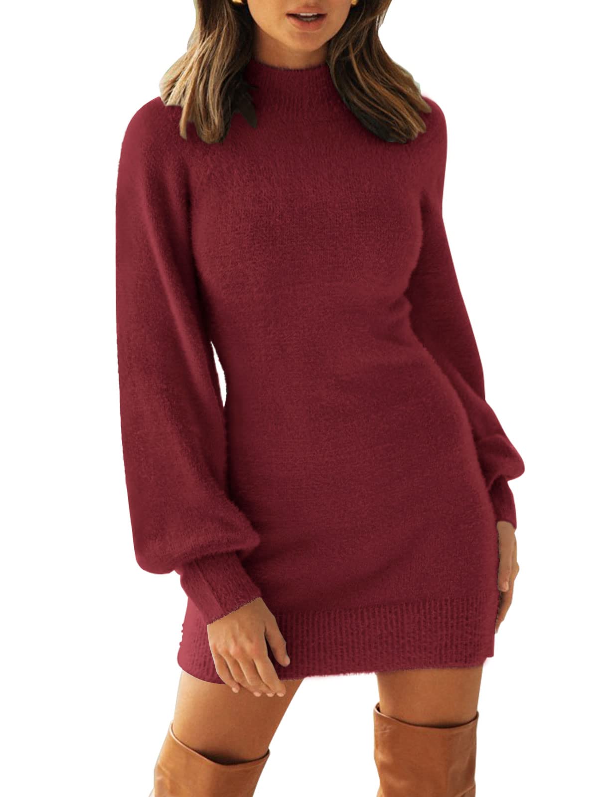 ZESICA Turtleneck Puff Sleeve Bodycon Mini Sweater Dress – zesica ZESICA Turtleneck Puff Sleeve Bodycon Mini Sweater Dress – zesica