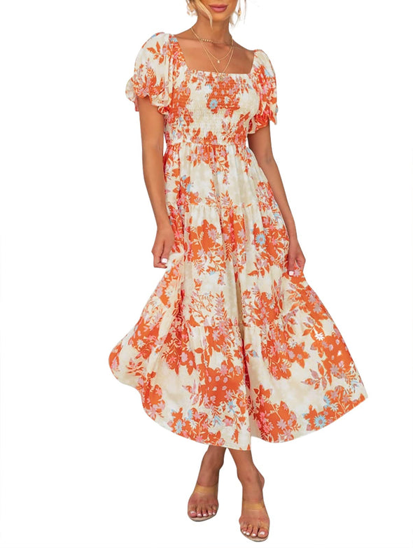 ZE ZESICA Boho Floral Print Ruffle Swing Maxi Dress