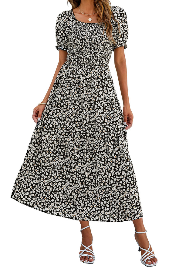 ZE ZESICA Boho Floral Print Ruffle Swing Maxi Dress