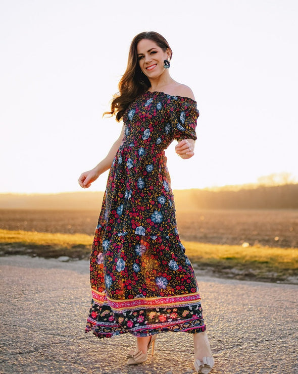 ZESICA Boho Floral Print Ruffle Swing Maxi Dress