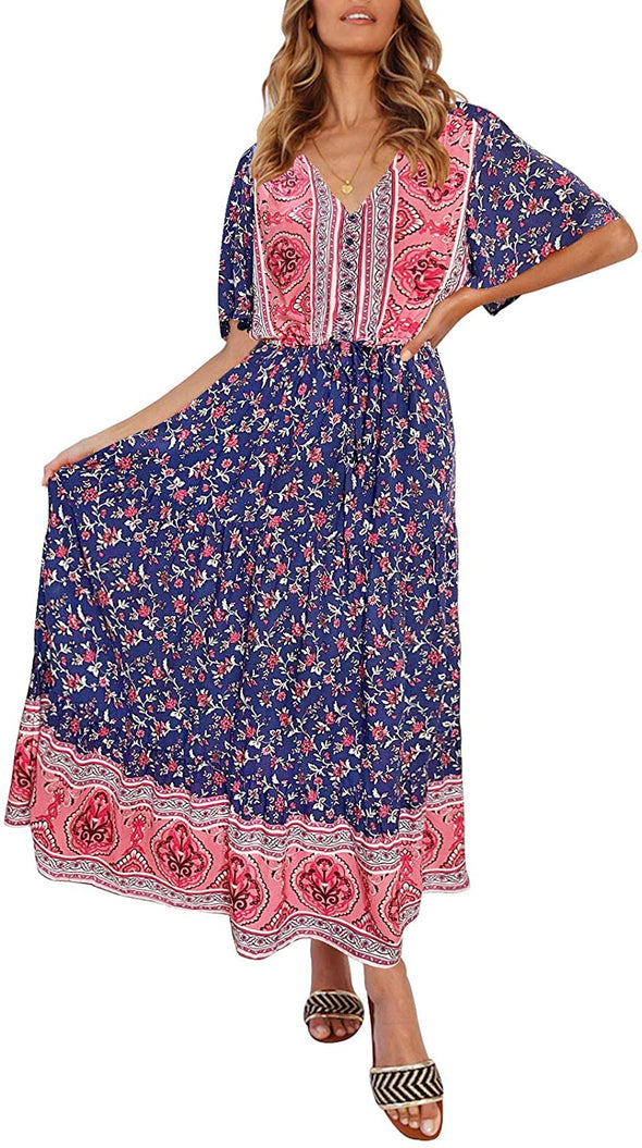 ZESICA Bohemian Floral Print Maxi Dress