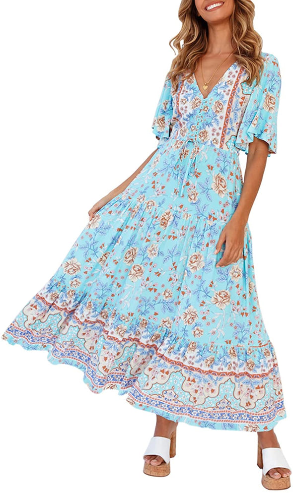 ZESICA Bohemian Floral Print Maxi Dress