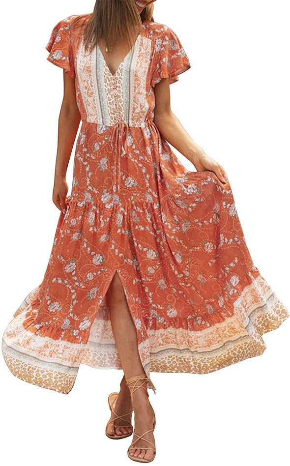 ZESICA Bohemian Floral Print Maxi Dress
